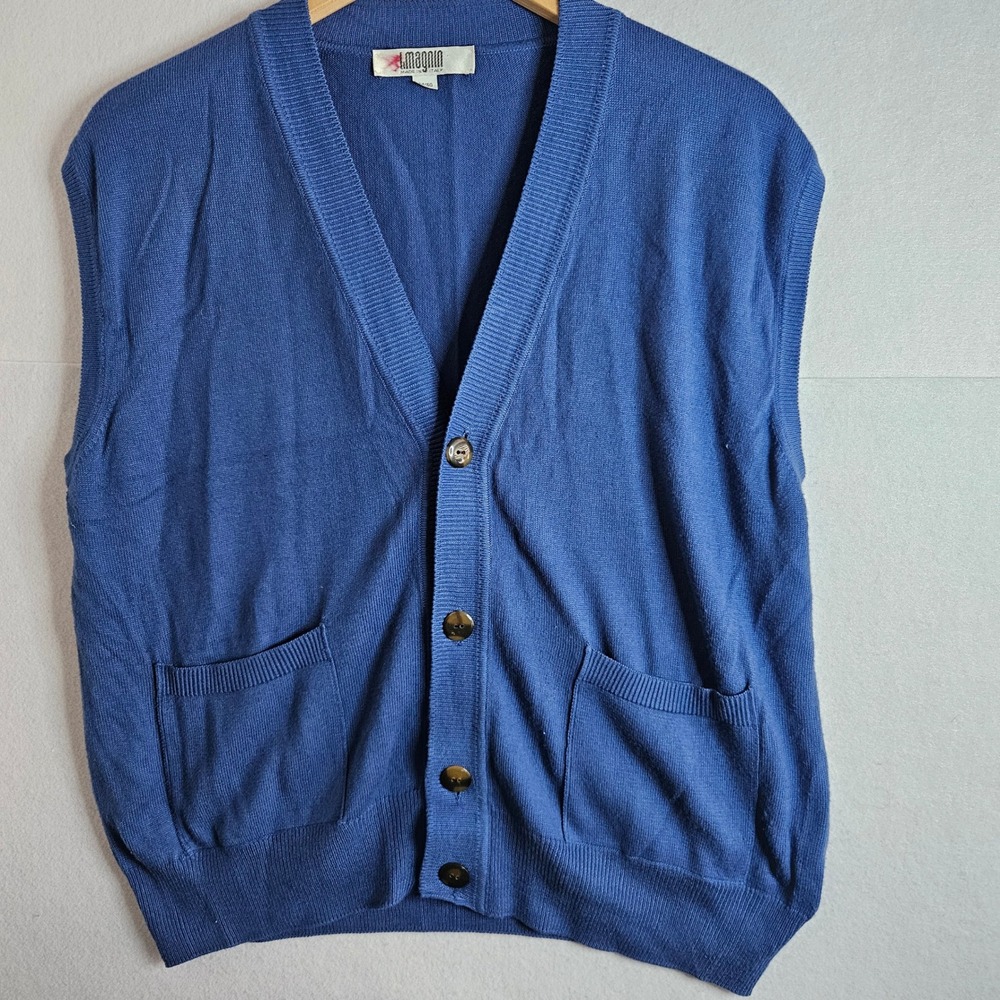 I. Magnin Vintage Mens Blue Cotton Modal Knit Button Front Sweater Vest Italy M